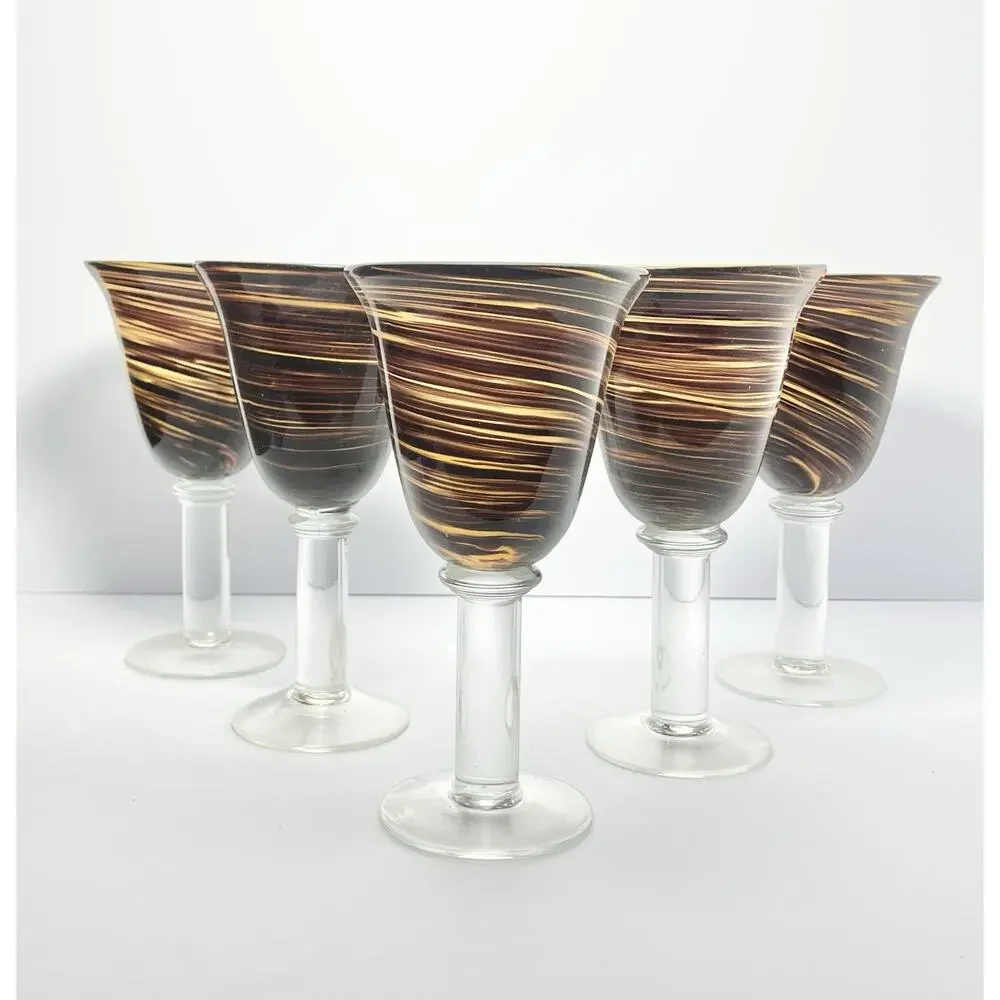 5 Handblown Murano-style Brown Amber Swirl Water or Wine Goblets 8 1/4” 14oz